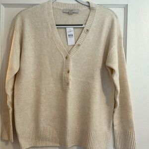 Women’s Loft V Neck Cream Colored Sweater, size Small.  Button detailing.  NWT